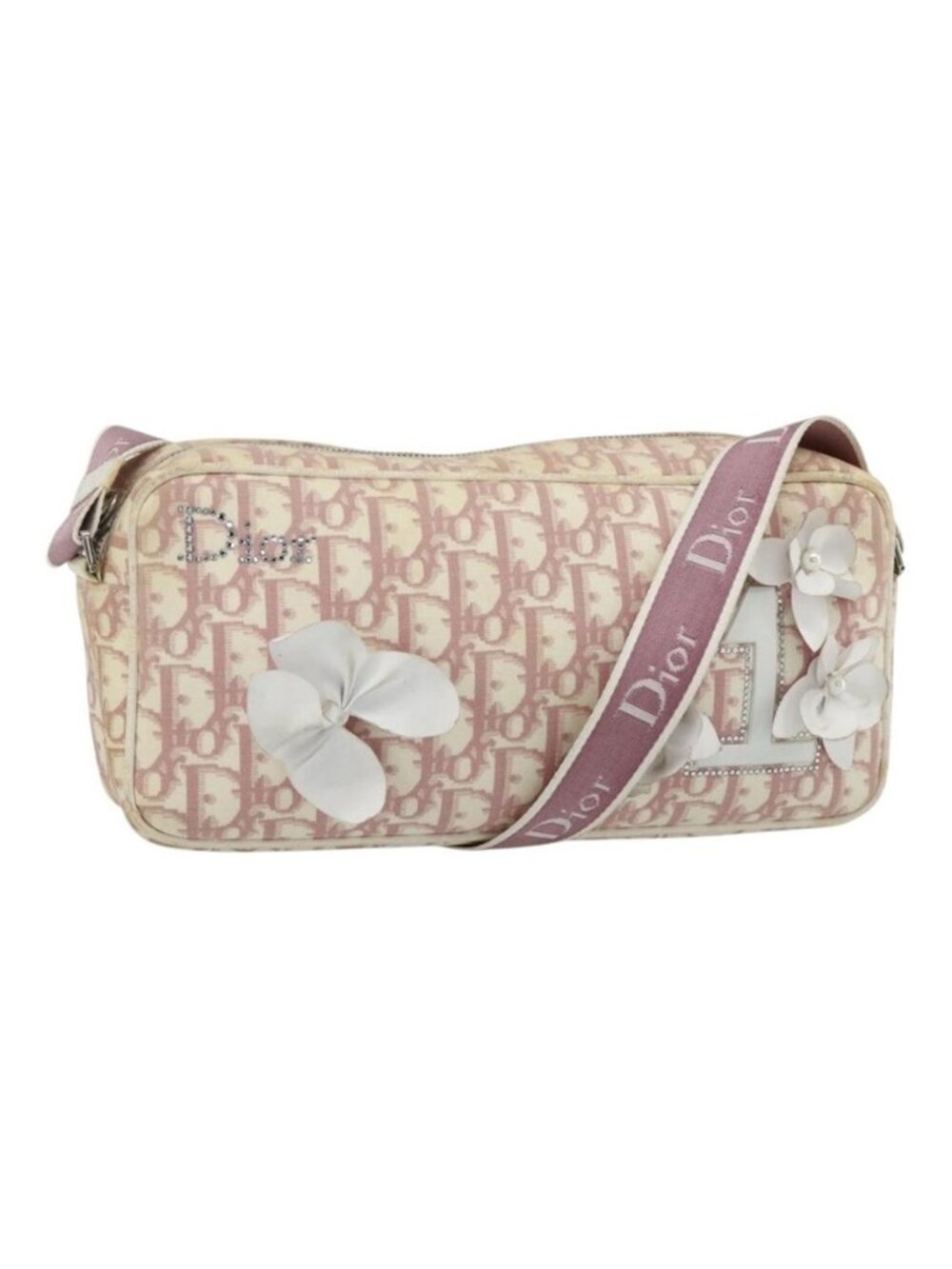 Authentic Christian Dior Trotter Canvas Shoulder Bag PVC Pink Silver